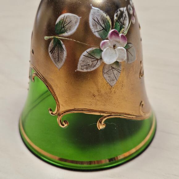 Czechoslovakian Hand Painted Bohemian Glass Bell Green Gold Enameled Flower READ - Picture 5 of 8